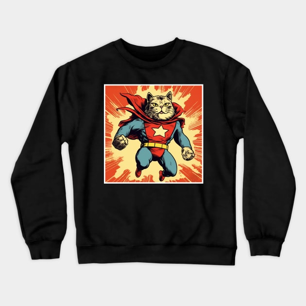 Superhero Cat Funny Cartoon Vintage Cat Superhero Drawing Crewneck Sweatshirt by OscarVanHendrix